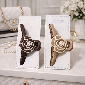 Boutique Rose Hair Claw Clips Set Brown & Taupe Pearl Flower Elegant
